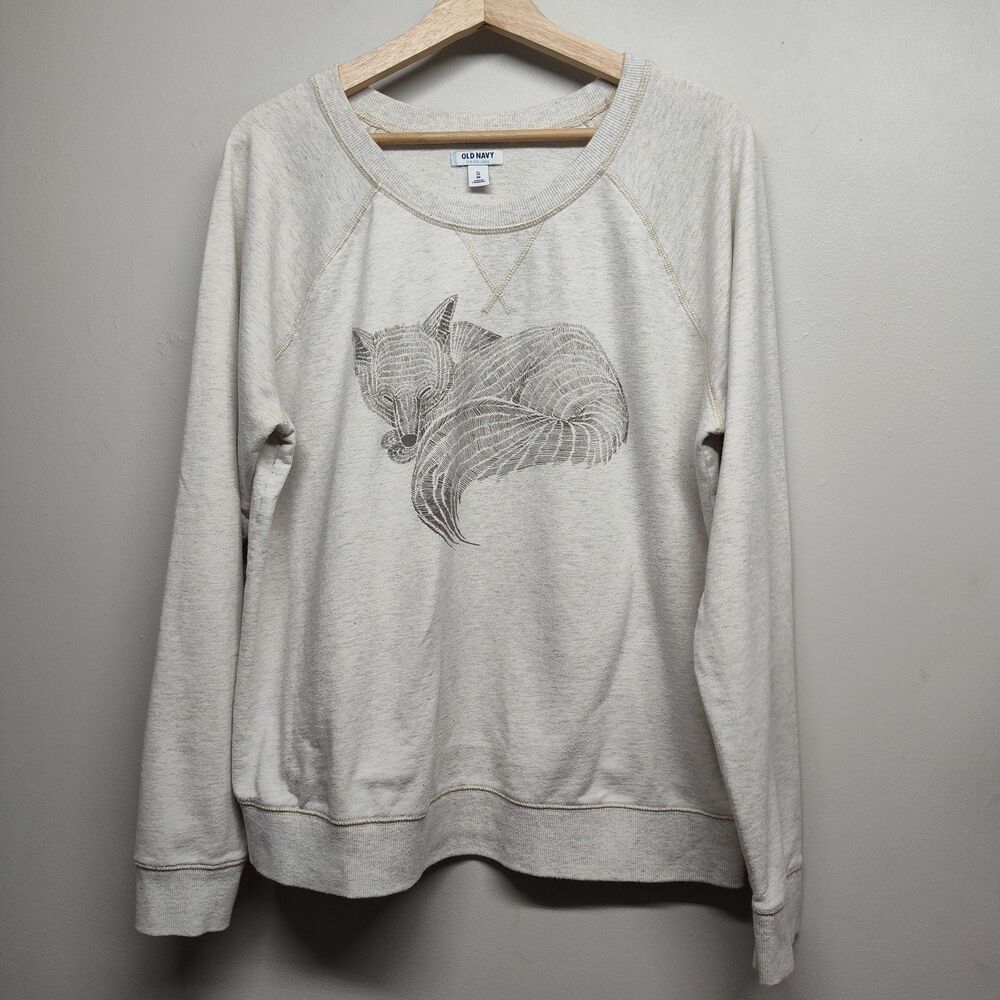 Old Navy Vintage Sweatshirt Women XL Cream Fox Comfy Cozy Loungewear Casual